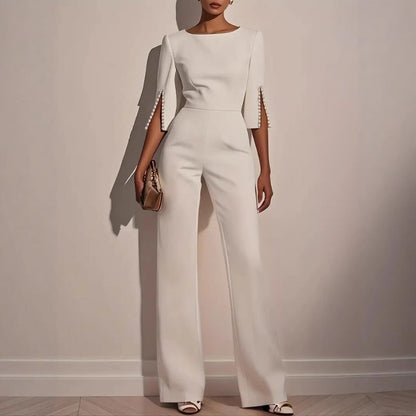 Women's Wide Leg Jumpsuit Pearl Detail Split Sleeve Lightweight - Vonnera