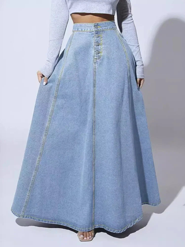 Women's Denim A-Line Skirt Button Front - Vonnera