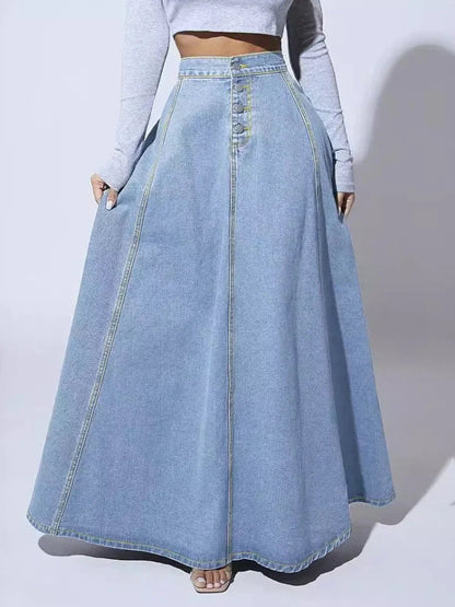 Women's Denim A-Line Skirt Button Front - Vonnera