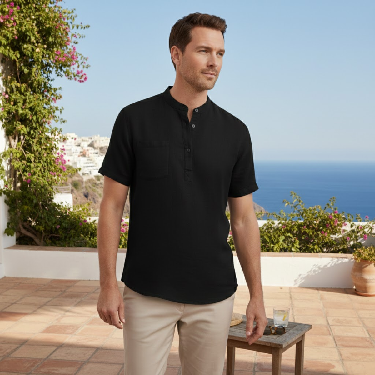 Men's Linen Henley Shirt Lightweight Beige