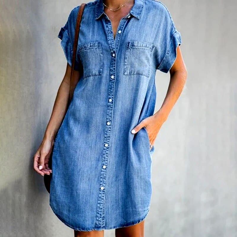 Women's Casual Denim Dress Button Front Blue - Vonnera