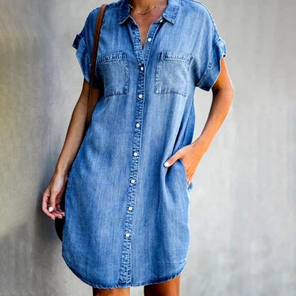 Women's Casual Denim Dress Button Front Blue - Vonnera