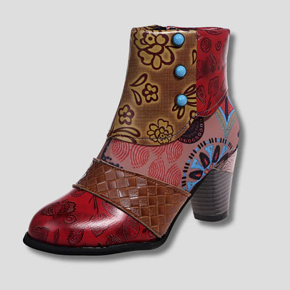 Women's Embossed Floral Leather Boots Chunky Heel - Vonnera