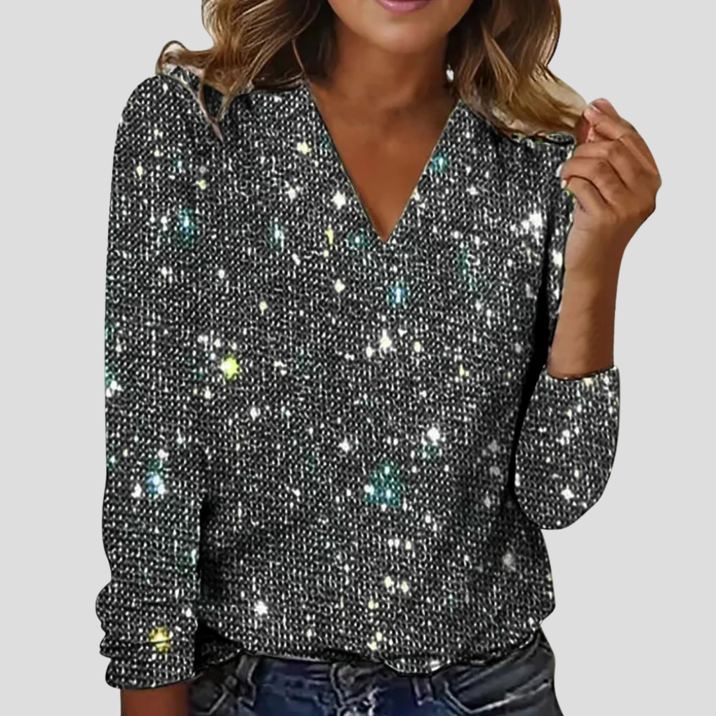 Women's Glitter V Neck Blouse Long Sleeves - Vonnera