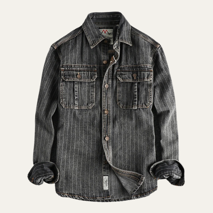 Men's Denim Shirt Jacket Vertical Stripe Dark Blue - Vonnera