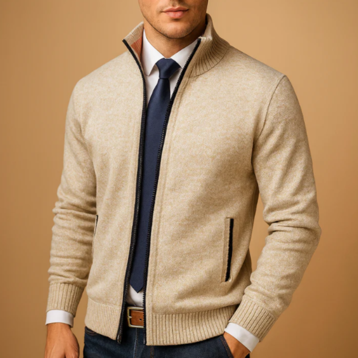 Men's Classic Knitted Cardigan Zip Front Stand Collar
