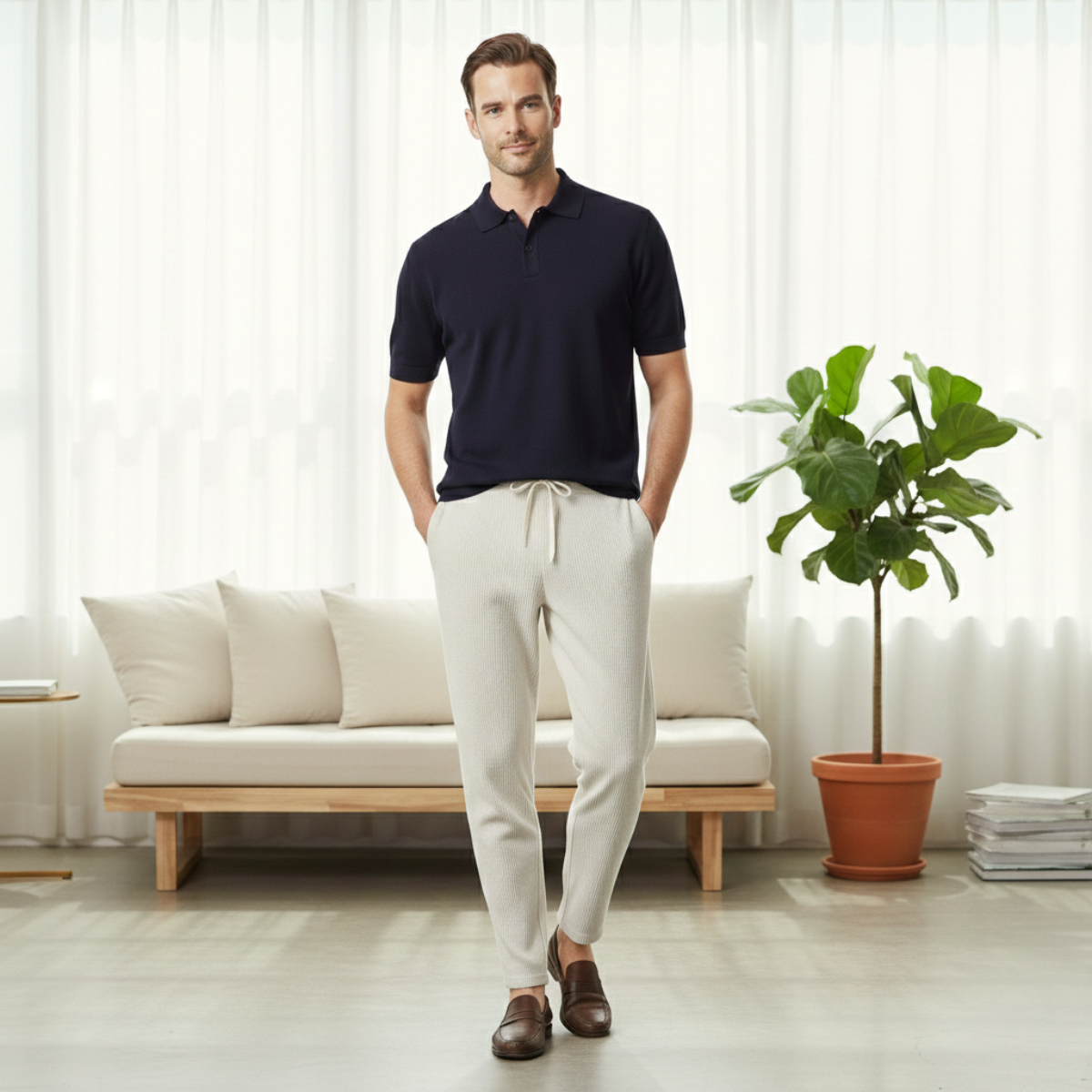 Men's Slim Fit Casual Pants Lightweight Ribbed Beige