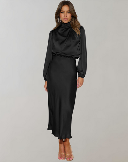 Women's Satin Long Sleeve Evening Dress - Vonnera