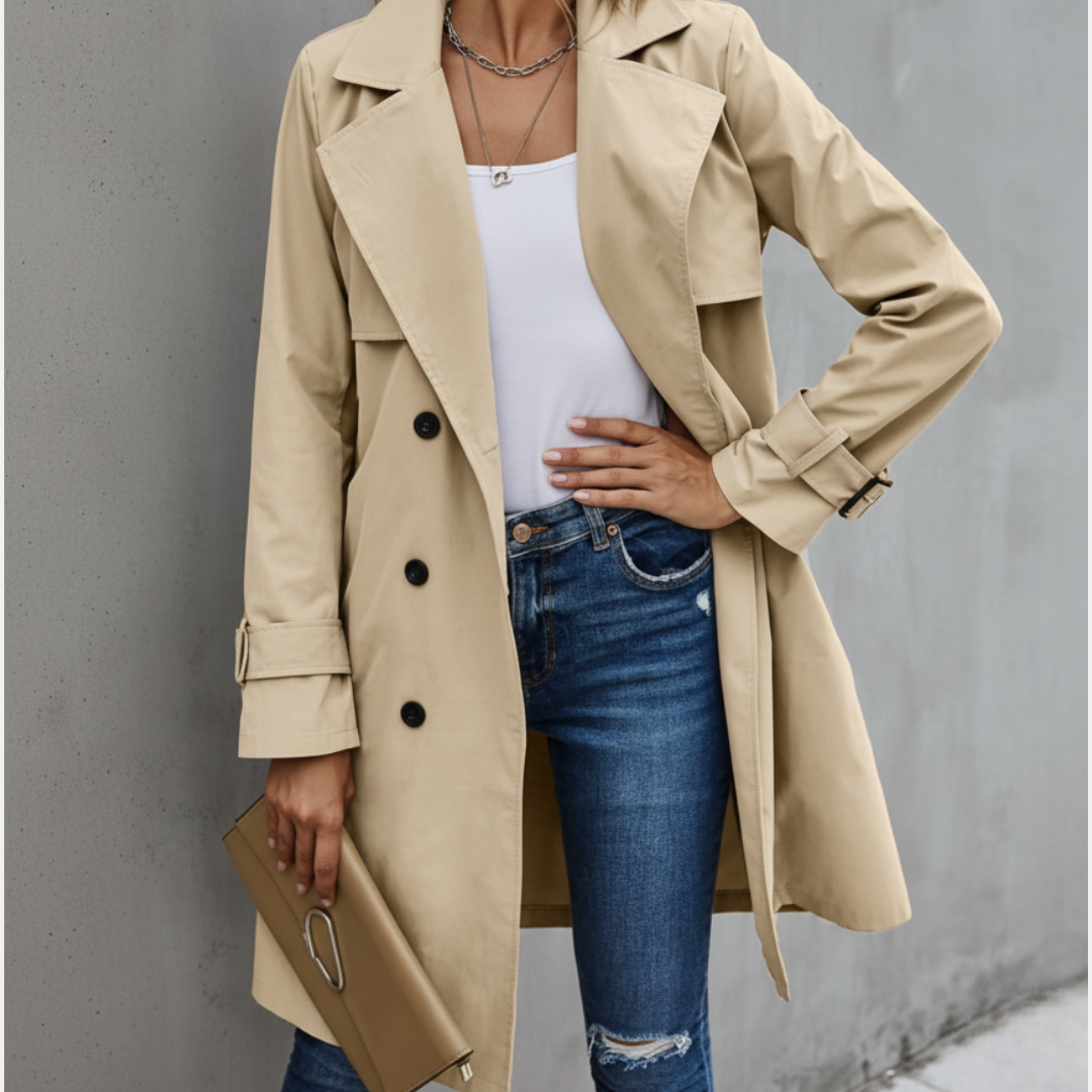 Women's Double Breasted Trench Coat Belted Knee Length - Vonnera