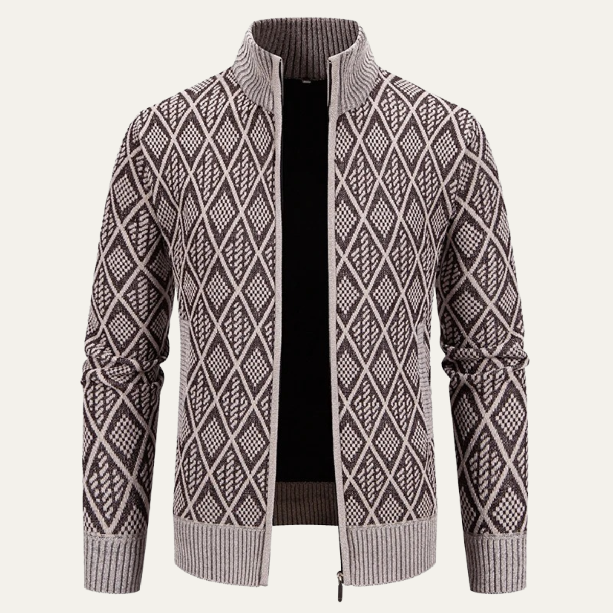 Men's Knit Diamond Zip Jacket with Stand Collar - Vonnera