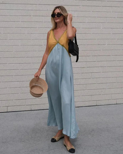Stylish V-neck Colorblock Dress Elegant