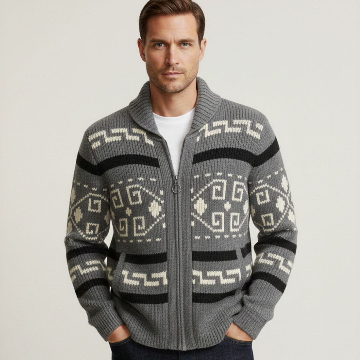 Men's Vintage Knit Cardigan Thick Shawl Collar Winter