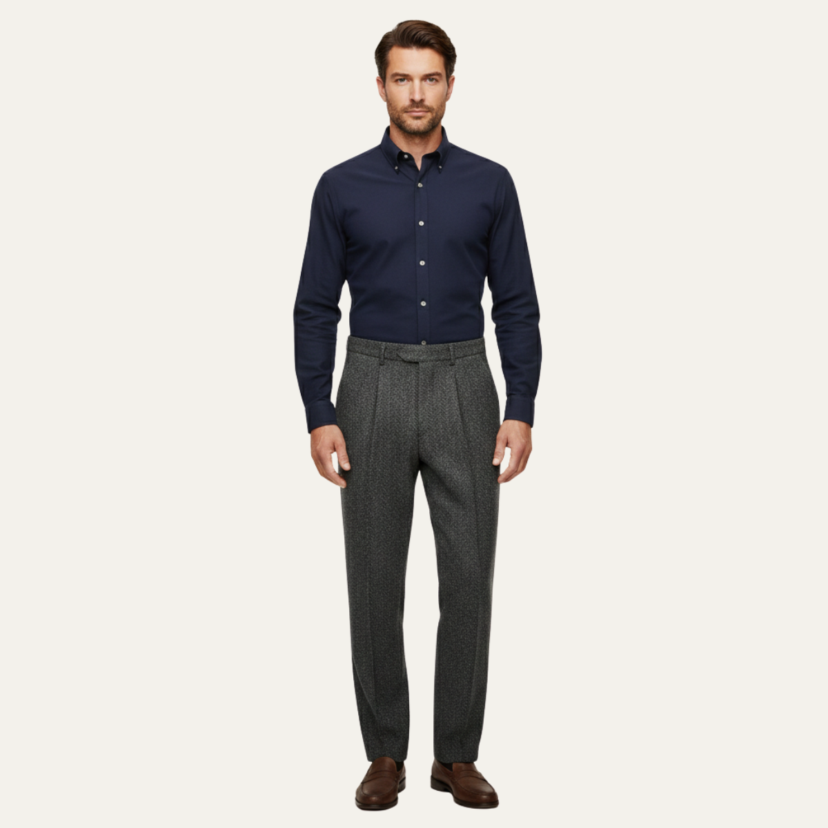 Men's High Waisted Wool Tweed Pants Herringbone Brown