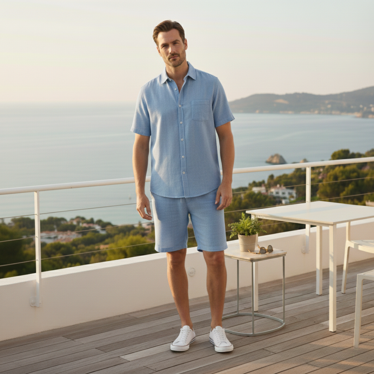 Men's Linen Shirt And Shorts Set Breathable Summer Beige