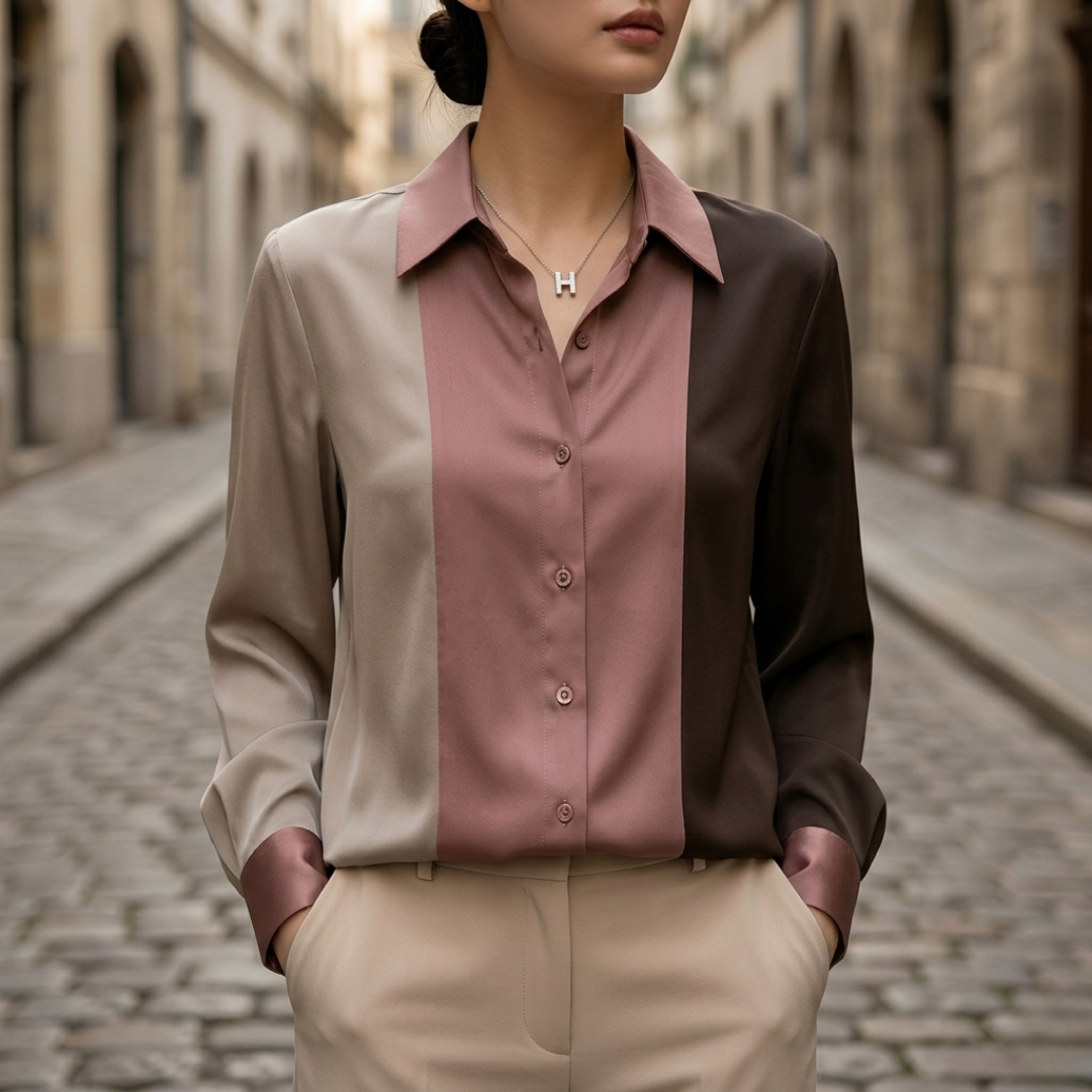 Women’s Block Button Down Blouse Long Sleeve Office Shirt