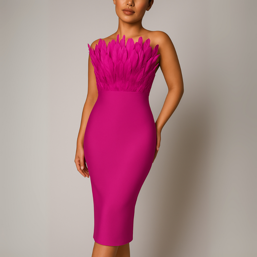 Women Strapless Midi Dress Feather Trim - Vonnera