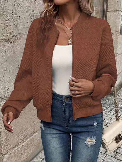 Women's Zip-Up Cardigan Textured Ribbed Long Sleeve