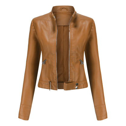 Women's Leather Jacket Zip Closure High Collar Adjustable Belt