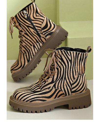 Women's Animal Print Platform Boots Lace Up Style - Vonnera