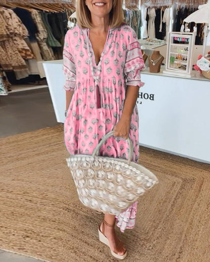 Women's Boho Maxi Dress Ruffle Sleeves Tiered