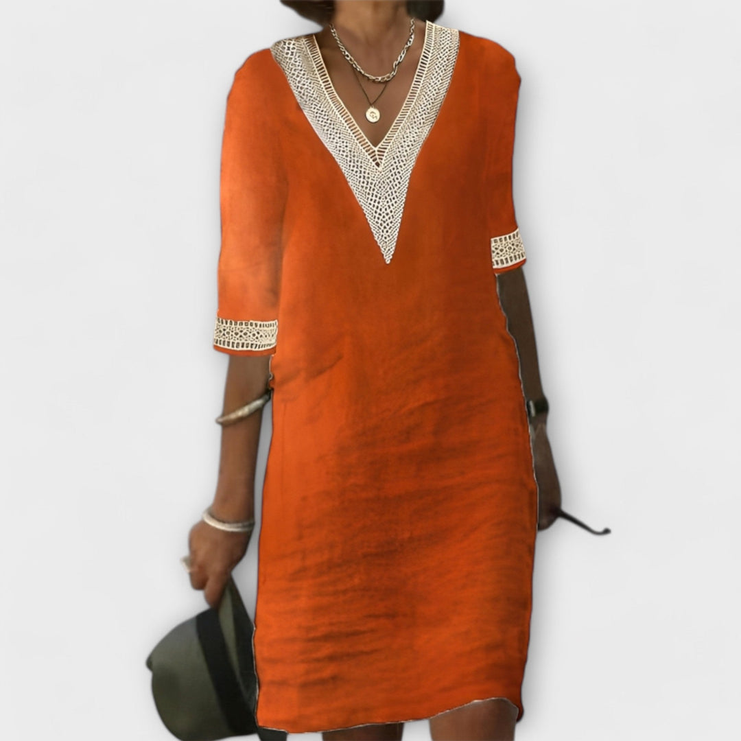 Women's V-Neck Mini Dress 3/4 Sleeve