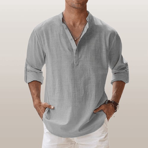 Men's Linen Blend Henley Shirt Long Sleeve Casual Regular Fit
