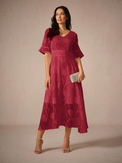 Women's Elegant Midi Dress Flutter Sleeves Lace Detailing