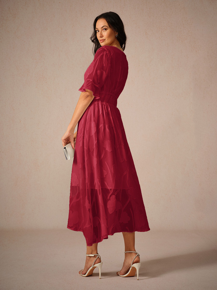 Women's Elegant Midi Dress Flutter Sleeves Lace Detailing