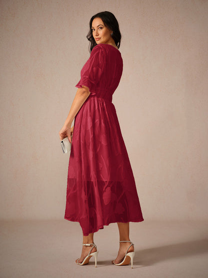 Women's Elegant Midi Dress Flutter Sleeves Lace Detailing