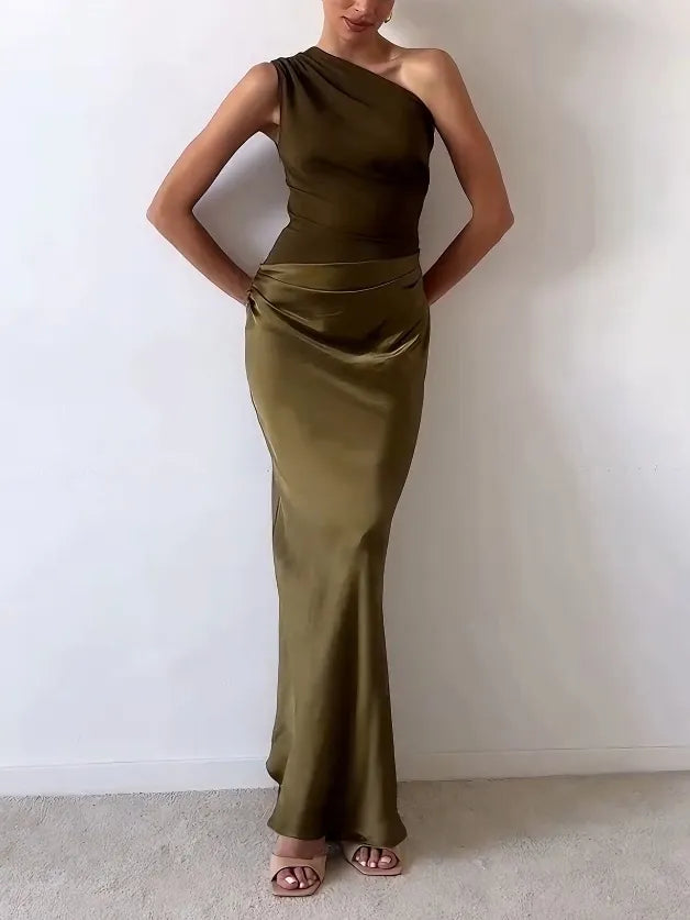 Elegant One Shoulder Pleated Maxi Dress