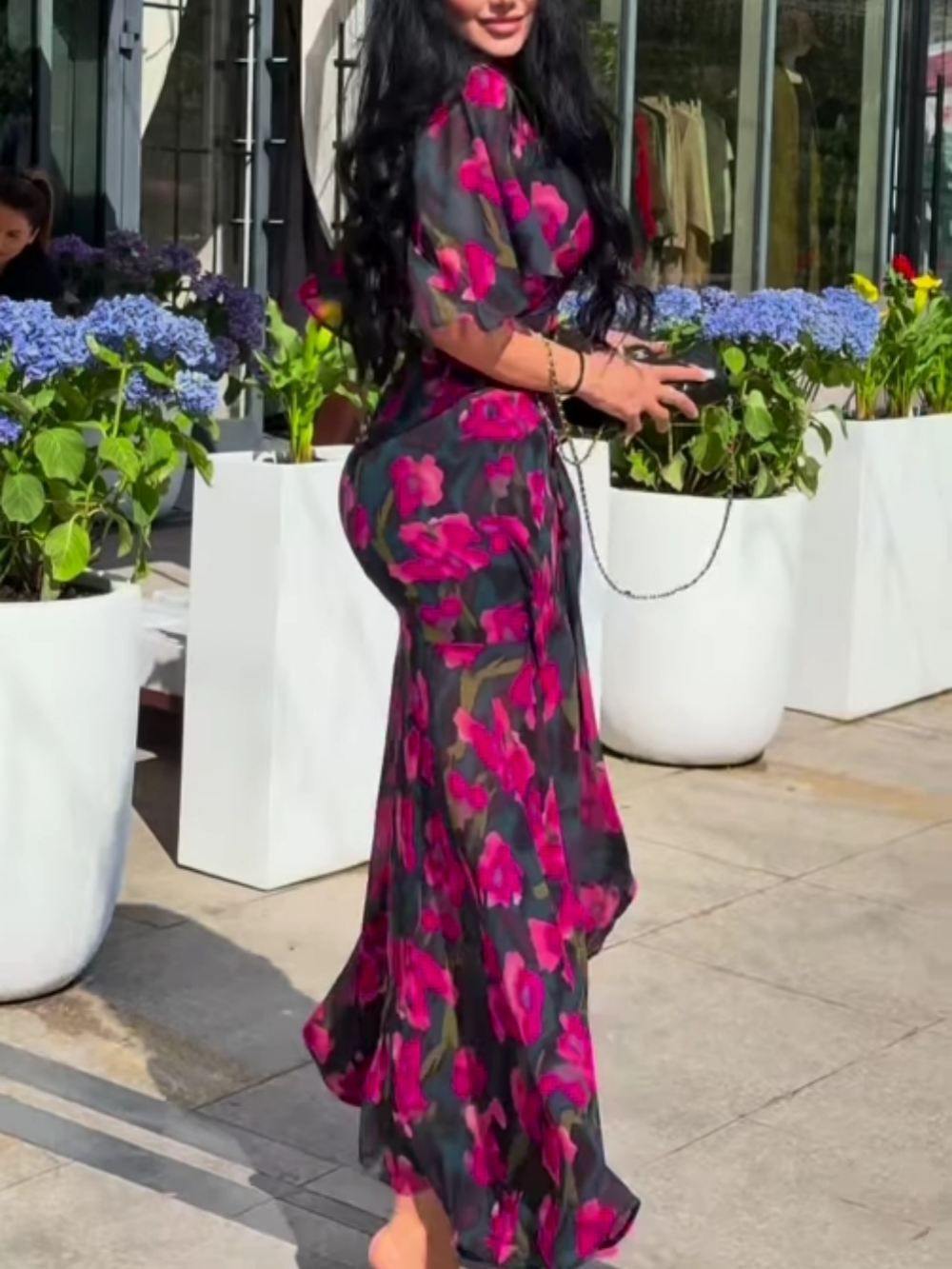 Women's V-Neck Printed Dress Trumpet Sleeve