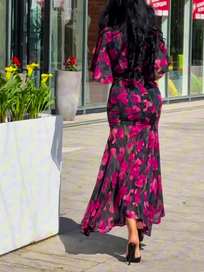 Women's V-Neck Trumpet Sleeve Printed Dress
