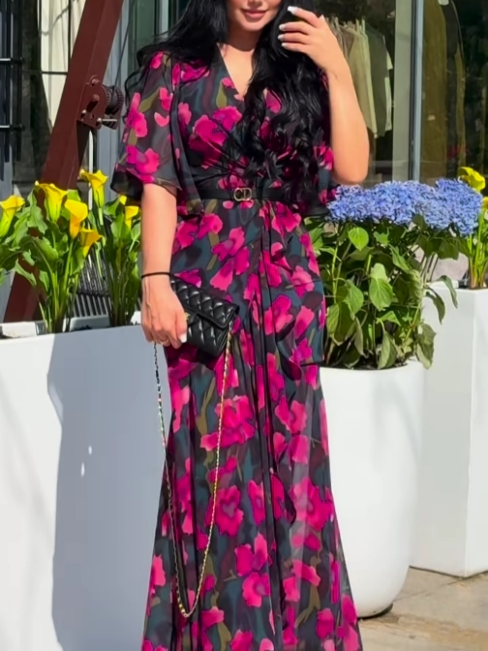 Women's V-Neck Printed Dress Trumpet Sleeve - Vonnera