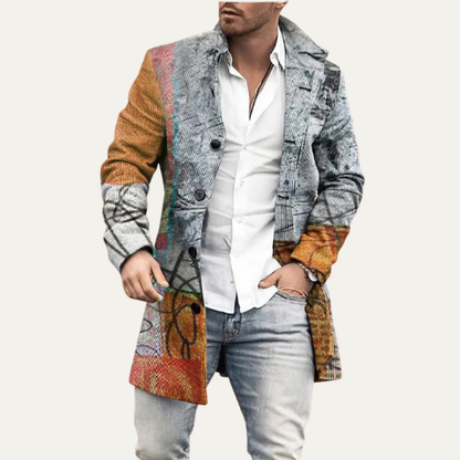 Men's Patchwork Geometric Long Jacket with Pockets