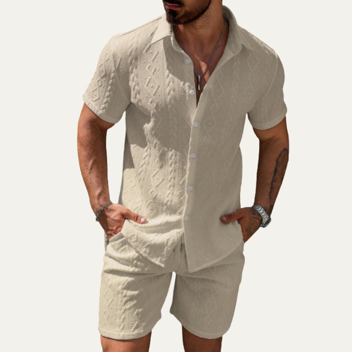 Mens Textured Summer Shirt And Shorts Set