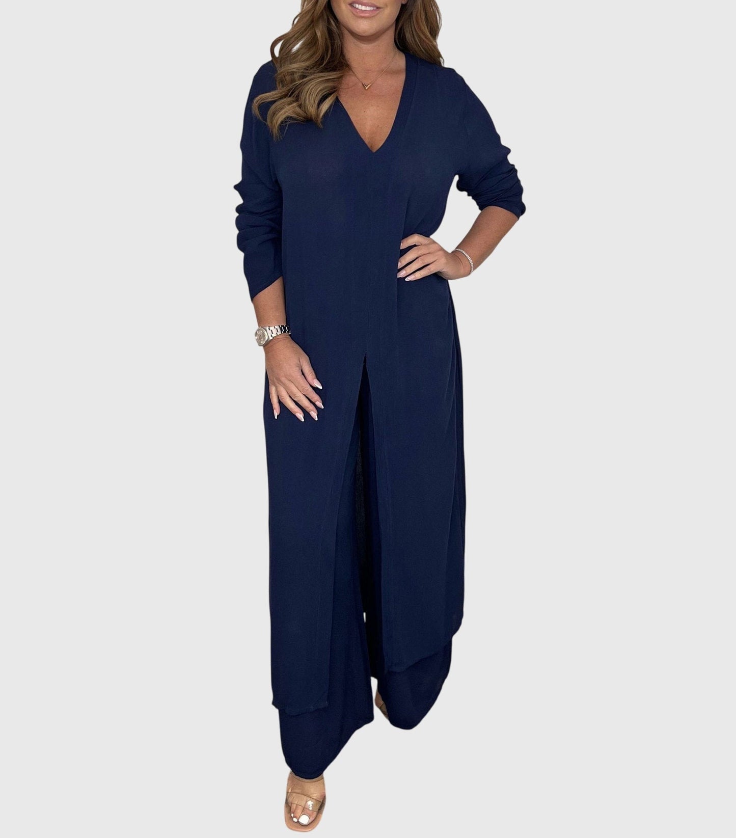 Women's Two-Piece Duster Cardigan Set Wide Leg Pants