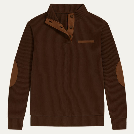 Glencrest Men's Corduroy Sweater Button Neck Patch Detail Brown - Vonnera