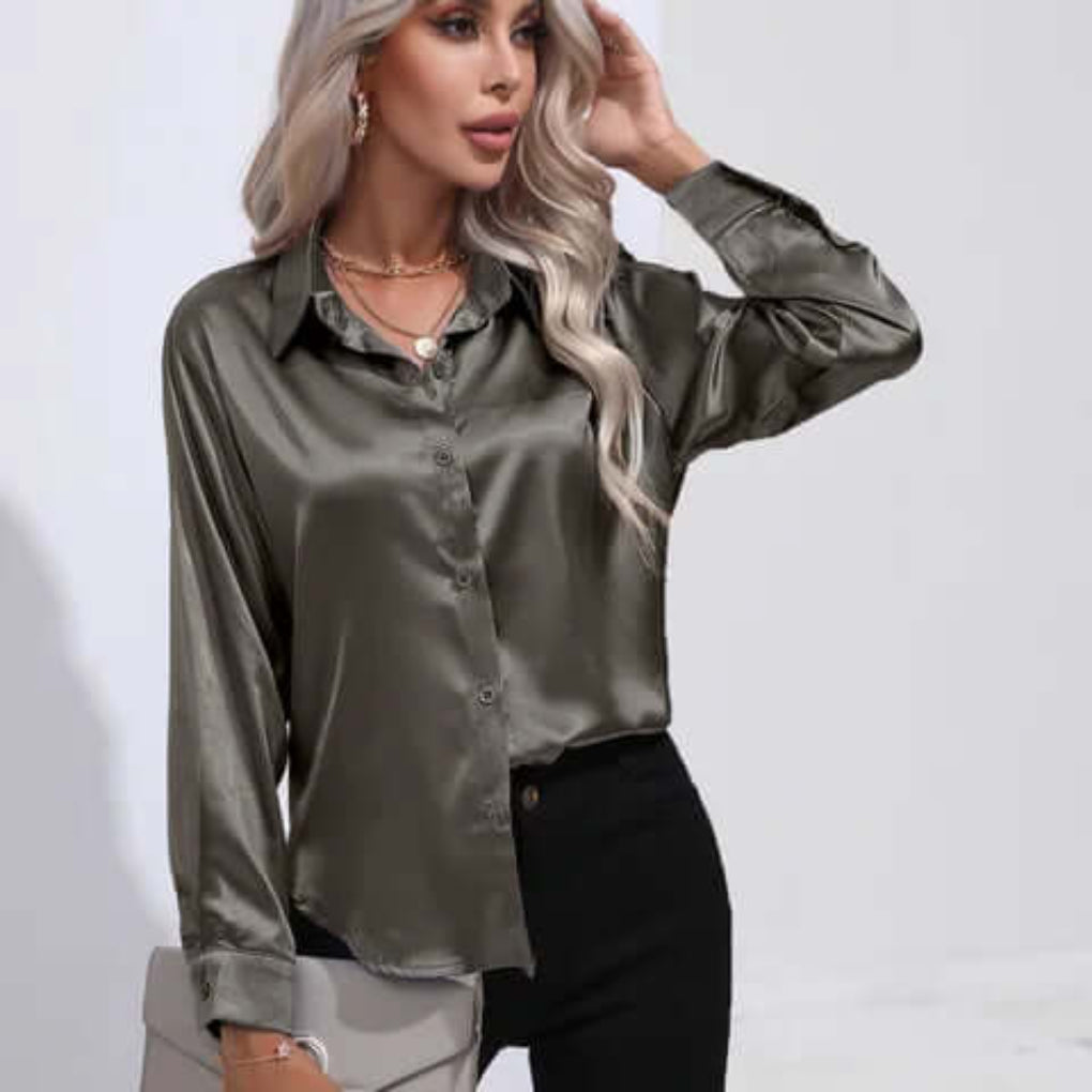 Women's Satin Long Sleeve Blouse Loose Fit