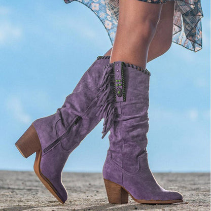 Women's Knee High Cowboy Boots Fringe Block Heel