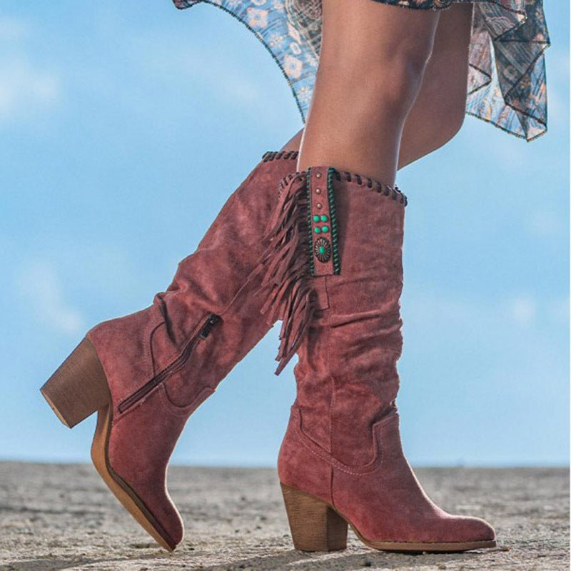 Women's Knee High Cowboy Boots Fringe Block Heel - Vonnera