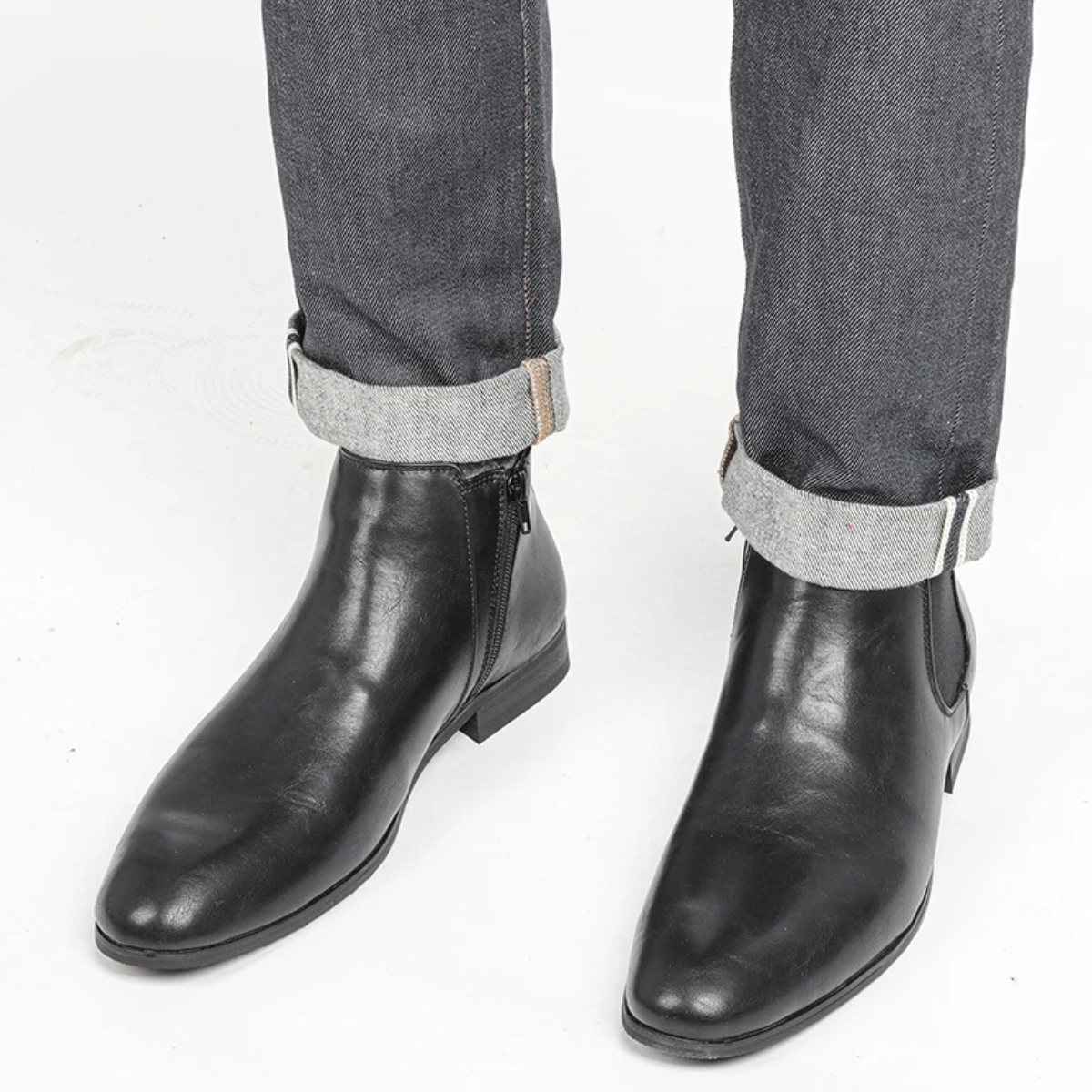 Men's Chelsea Leather Ankle Boots Elastic Sides Black