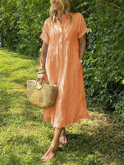 Women's Casual Midi Dress Short Sleeve Button Front