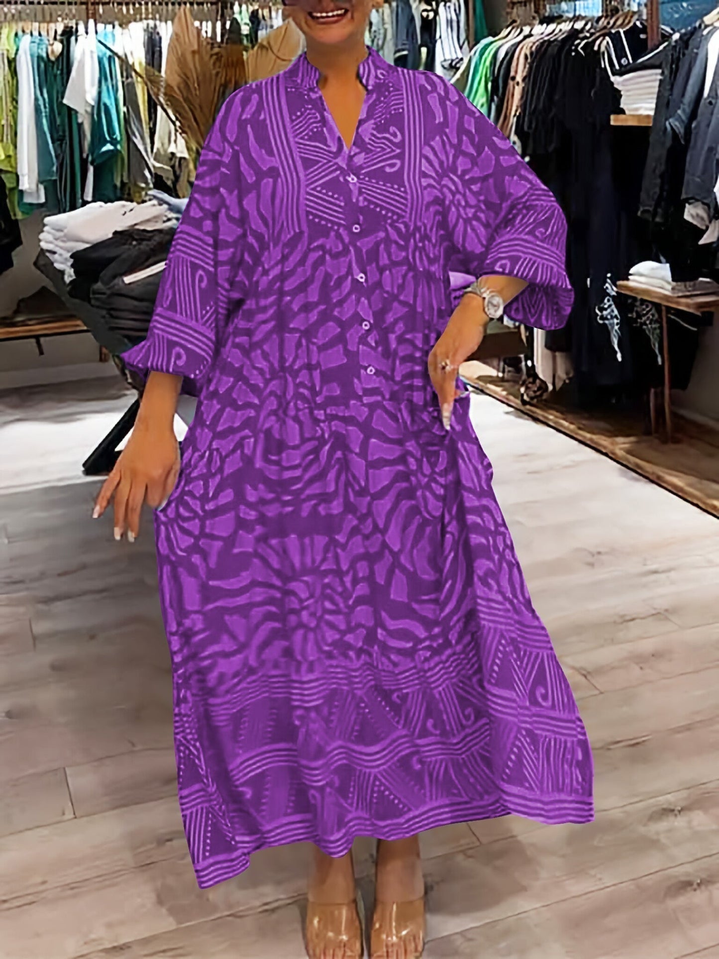 Women's V Neck Flowy Dress Tummy Control Loose Fit