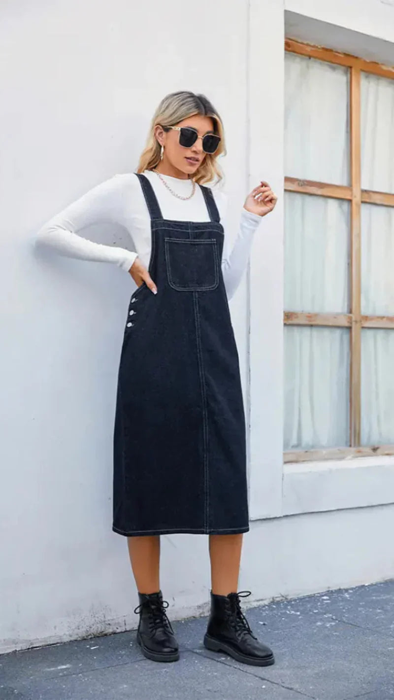 Women's Denim Pinafore Midi Dress - Vonnera