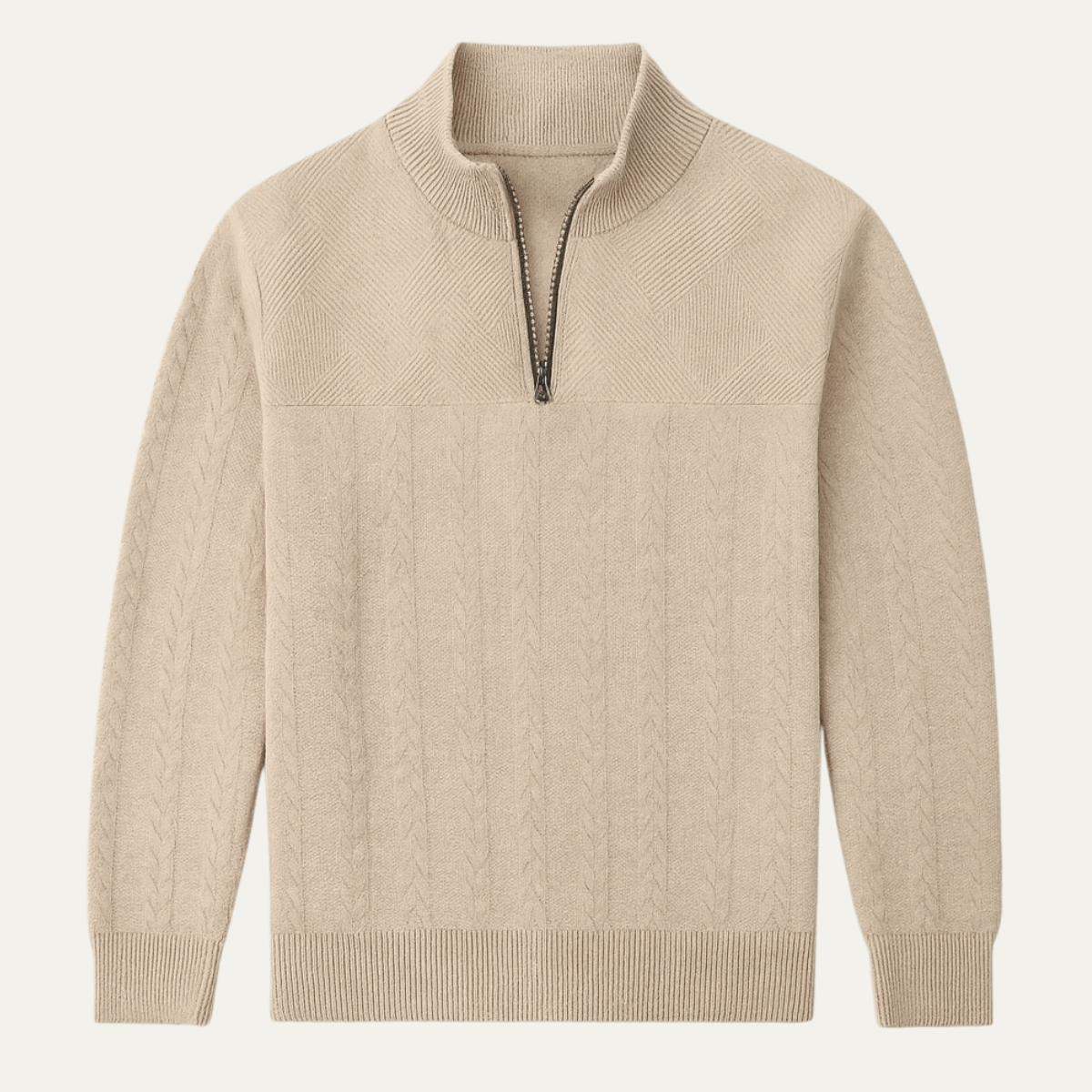 Men's Knitted Sweater Stand Up Collar Jacquard Beige - Vonnera