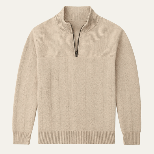 Men's Knitted Sweater Stand Up Collar Jacquard Beige - Vonnera