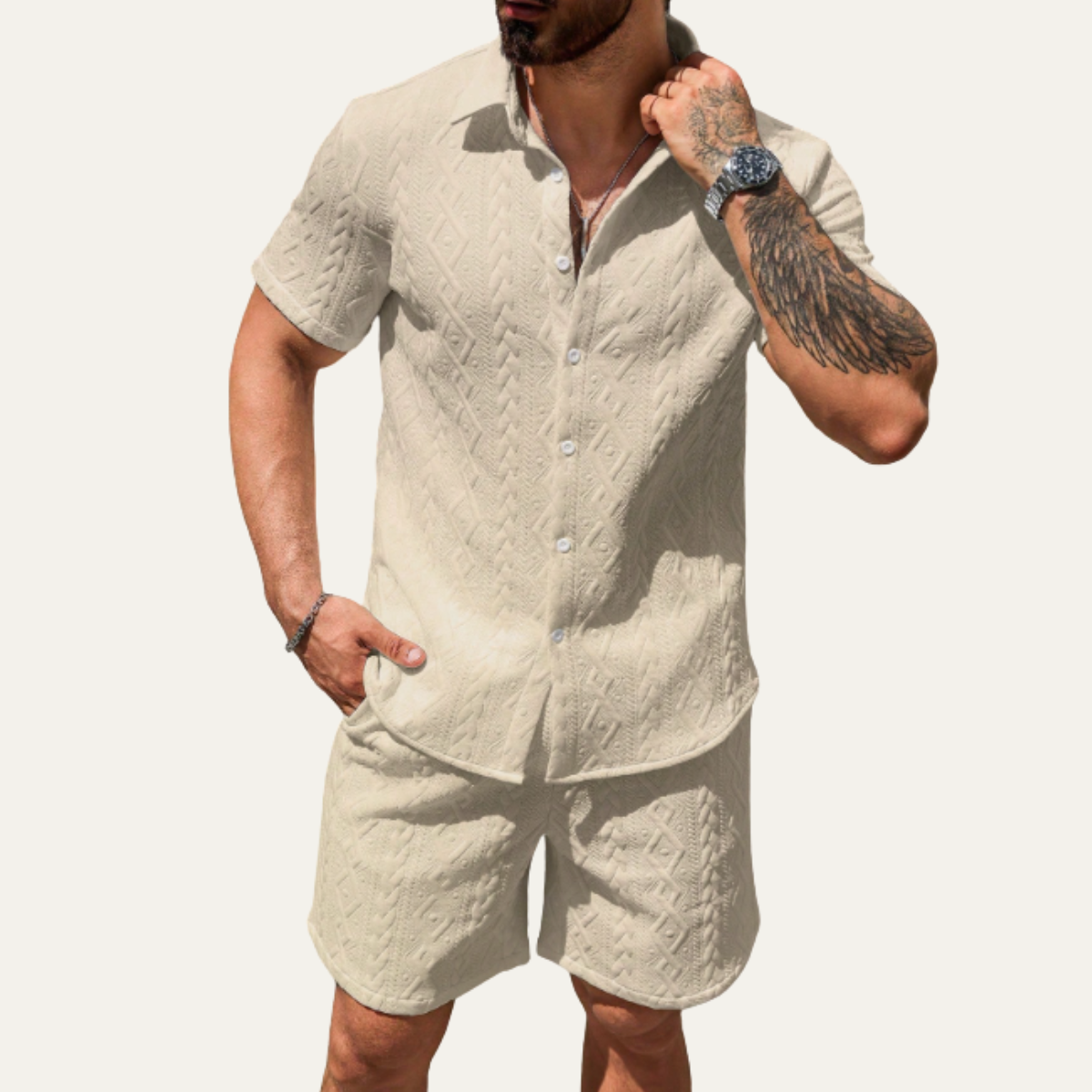 Mens Textured Summer Shirt And Shorts Set