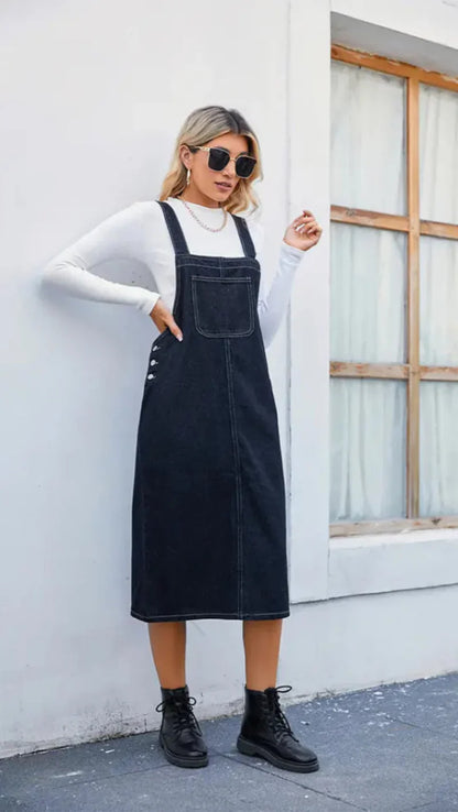 Women's Denim Midi Pinafore Dress - Vonnera