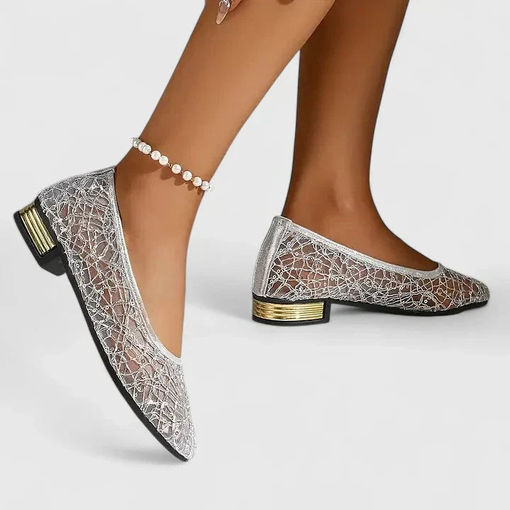 Women's Lace Pointed Toe Flat Shoes Low Block Heel