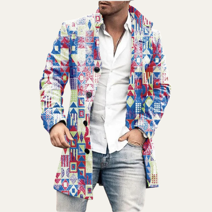 Men's Patchwork Geometric Long Jacket with Pockets